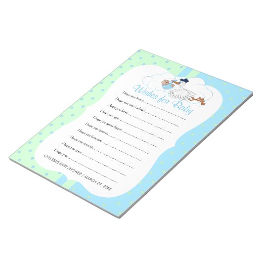 かわいい小さな男の赤ちゃんでコウノトリ – Wishes ノートパッド (アングル)