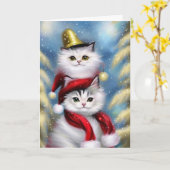 かわいい小さな白いクリスマス猫と金ゴールド帽子 カード (黄色い花)