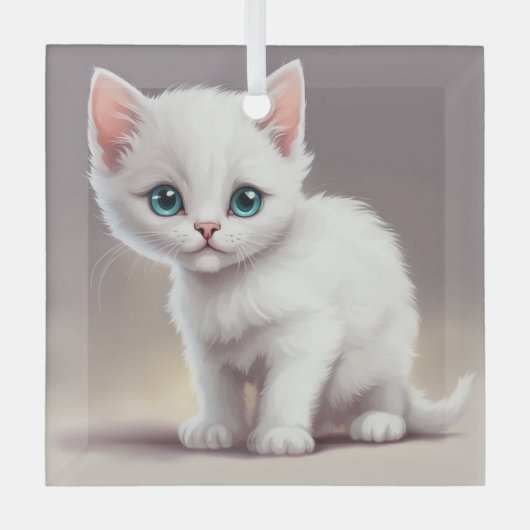 かわいい小さな白い子猫 ガラスオーナメント (正面)