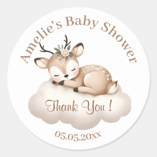 かわいい小さな眠っている鹿の赤ちゃんシャワーありがとう ラウンドシール (正面)