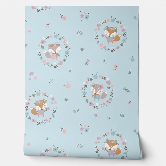 かわいい小さな秋キツネと花ライトブルー 壁紙 (ほどく)