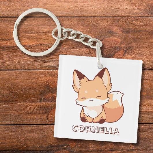 かわいい小さな笑顔のキツネ 名前入り キーホルダー