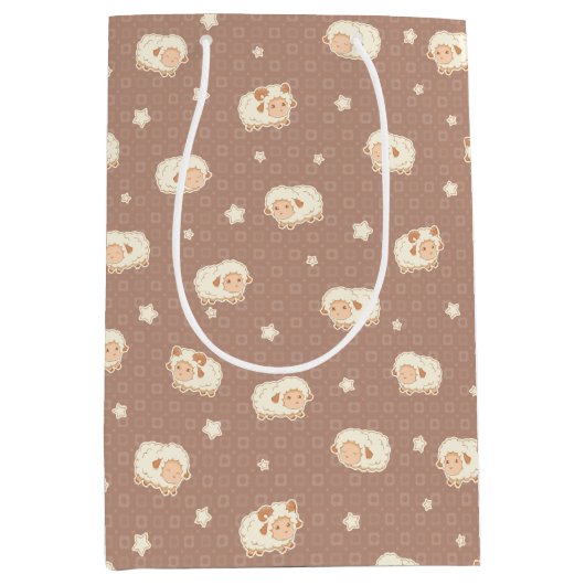 かわいい小さな羊の模様（茶色） ミディアムペーパーバッグ (正面)