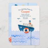 かわいい小さな船の誕生日パーティー 招待状 (正面/裏面)