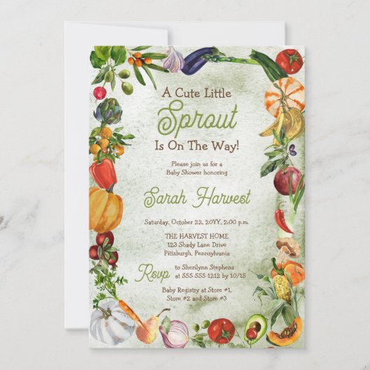 かわいい小さな芽が赤ちゃんシャワーの途中にある 招待状 (正面)