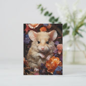 かわいい小さな茶色のネズミのカラフル花 ポストカード (スタンド正面)