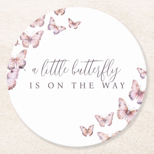 かわいい小さな蝶が途中の赤ちゃんシャワー ラウンドペーパーコースター (正面)