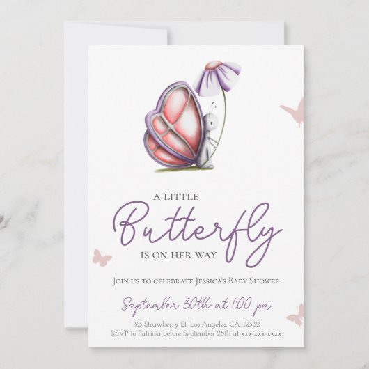 かわいい小さな蝶の紫の女の子の赤ちゃんシャワー 招待状 (正面)