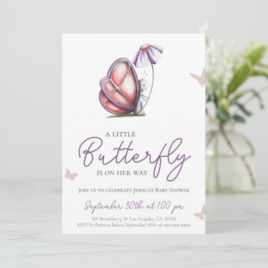かわいい小さな蝶の紫の女の子の赤ちゃんシャワー 招待状 (スタンド正面)
