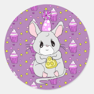 かわいい小さな誕生日マウスパープル ラウンドシール