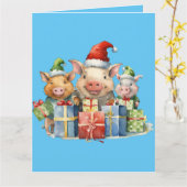 かわいい小さな豚のクリスマスの挨拶 カード (黄色い花)
