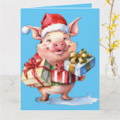 かわいい小さな豚のクリスマスの挨拶 カード (黄色い花)