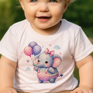 かわいい小さな象が風船を持って誕生日を祝う ベビーTシャツ