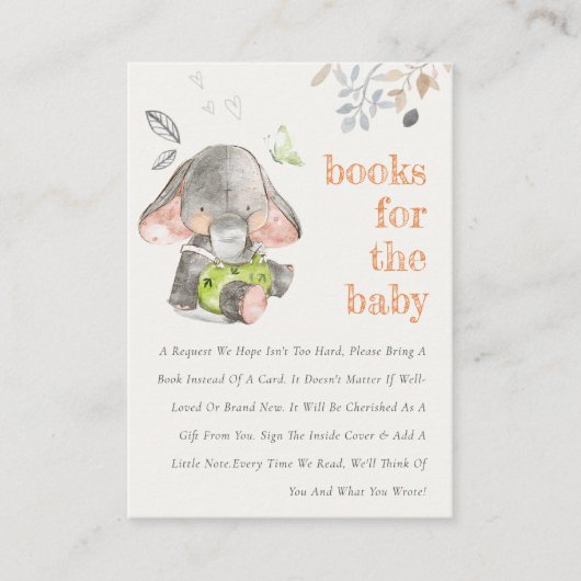 かわいい小さな象の葉の本の赤ちゃんシャワー エンクロージャーカード (正面)