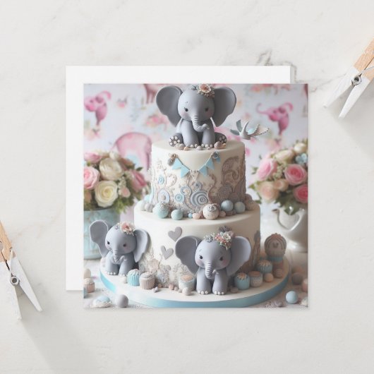 かわいい小さな象をテーマにした子供の誕生日ケーキ カード (正面/裏面インサイチュ)