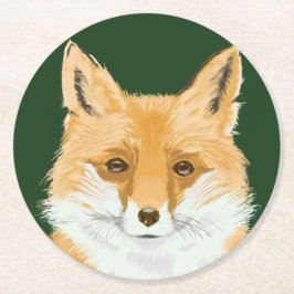 かわいい小さな赤いキツネ – 緑の上に透明。 ラウンドペーパーコースター