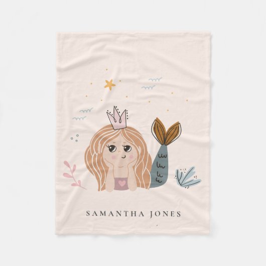 かわいい小さな赤面シーマーメイドウォーターカラーガール フリースブランケット (正面)