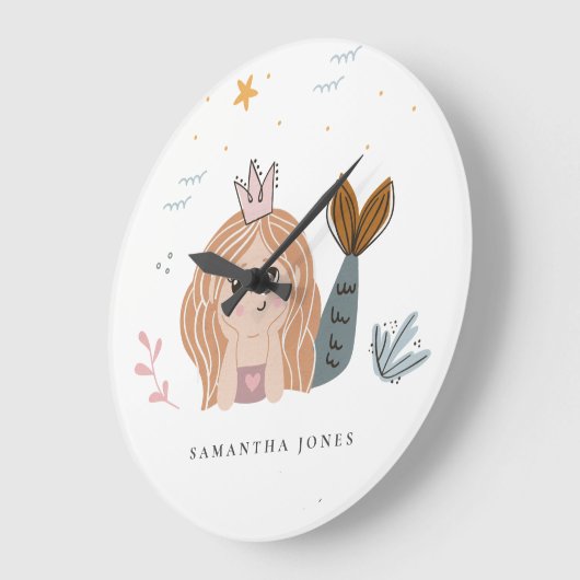 かわいい小さな赤面シーマーメイドウォーターカラーガール ラージ壁時計 (傾斜)