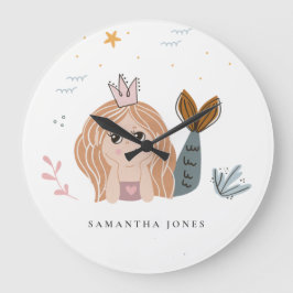 かわいい小さな赤面シーマーメイドウォーターカラーガール ラージ壁時計