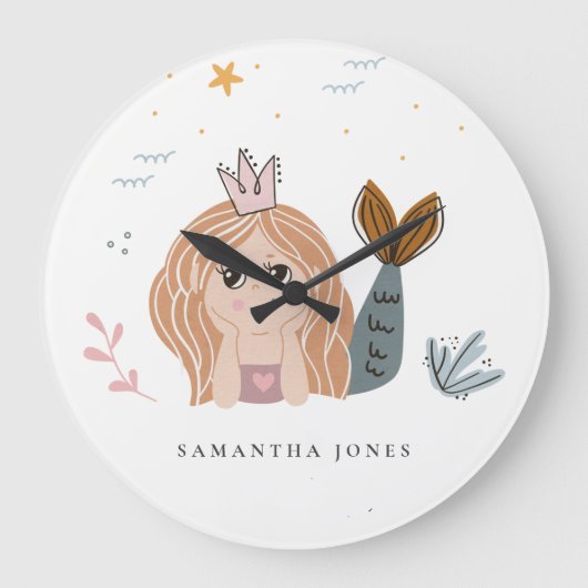 かわいい小さな赤面シーマーメイドウォーターカラーガール ラージ壁時計 (正面)