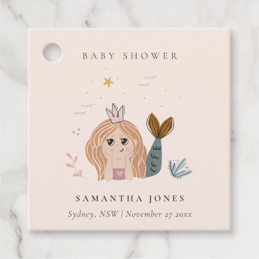 かわいい小さな赤面シーマーメイドガールベビーシャワー フェイバータグ (正面)