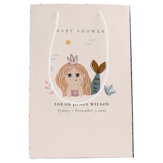 かわいい小さな赤面シーマーメイドガールベビーシャワー ミディアムペーパーバッグ (正面)