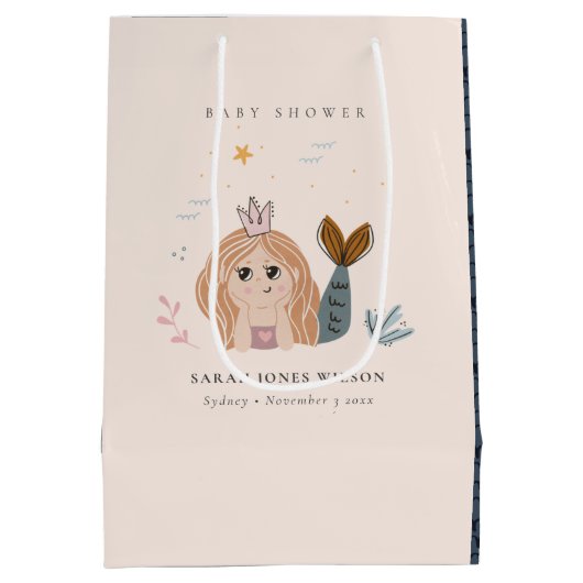 かわいい小さな赤面シーマーメイドガールベビーシャワー ミディアムペーパーバッグ (裏面)