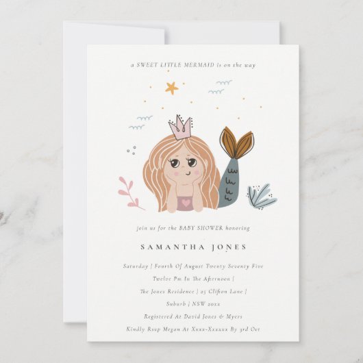かわいい小さな赤面シーマーメイドベビーシャワー招待状 サンキューカード (正面)