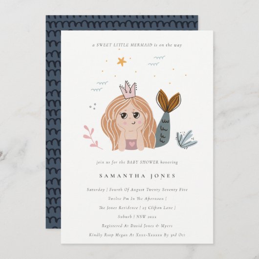 かわいい小さな赤面シーマーメイドベビーシャワー招待状 サンキューカード (正面/裏面)