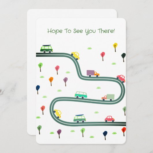 かわいい小さな車の旅行車道上 招待状 (正面/裏面)