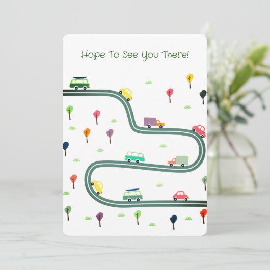 かわいい小さな車の旅行車道上 招待状 (スタンド正面)