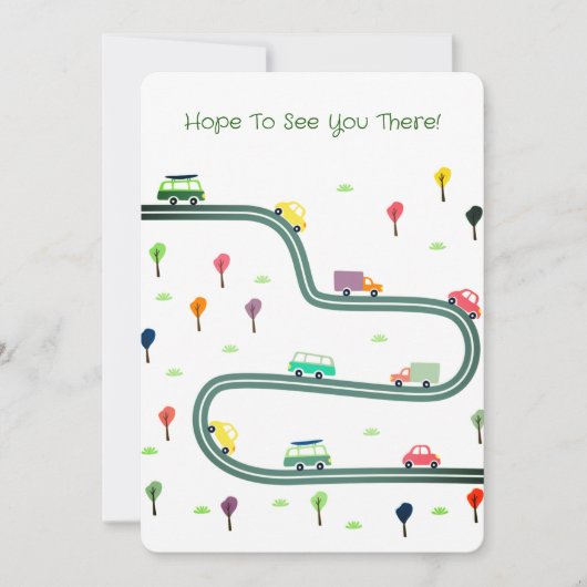 かわいい小さな車の旅行車道上 招待状 (正面)
