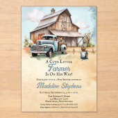 かわいい小さな農家納屋 トラック男の子の赤ちゃんシャワー アクリル招待状 (正面)