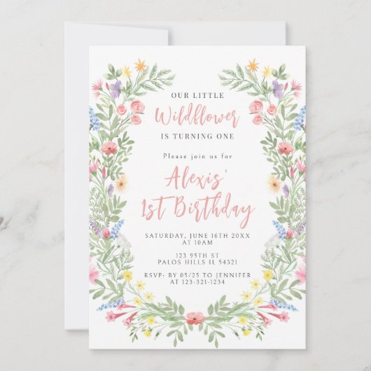 かわいい小さな野花1st誕生日ガールパーティー 招待状 (正面)
