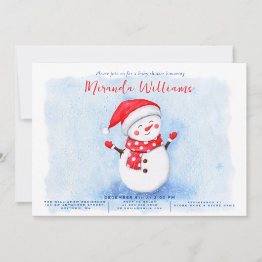 かわいい小さな雪だるま水の色の冬の赤ちゃんシャワー 招待状 (正面)