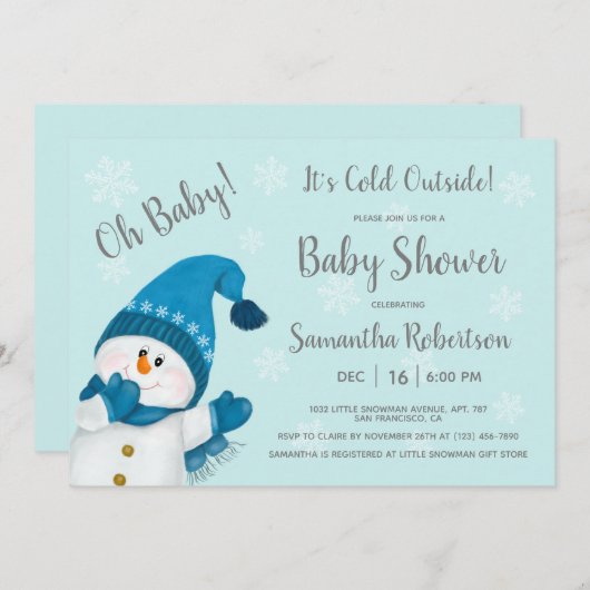 かわいい小さな雪だるま赤ちゃんシャワー外は寒い 招待状 (正面/裏面)