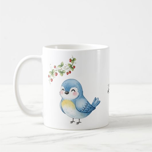 かわいい小さな青い鳥にいちご コーヒーマグカップ (左)