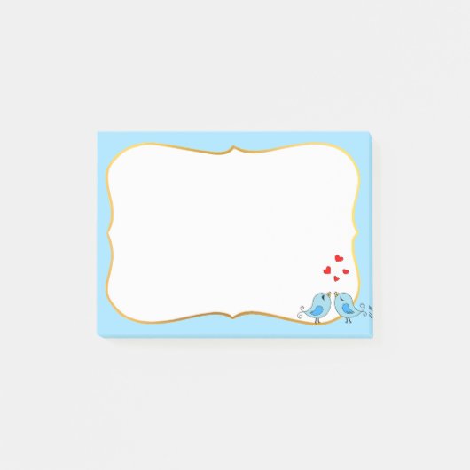 かわいい小さな青い鳥、ハート、薄い青枠 ポストイット (正面)