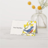 かわいい小さな青の赤い鳥の枝黄色の花 プレイスカード (裏面)