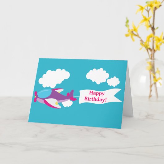 かわいい小さな飛行機の女の子グリーティングカード カード (黄色い花)