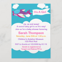 かわいい小さな飛行機の女の子ベビーシャワー招待状