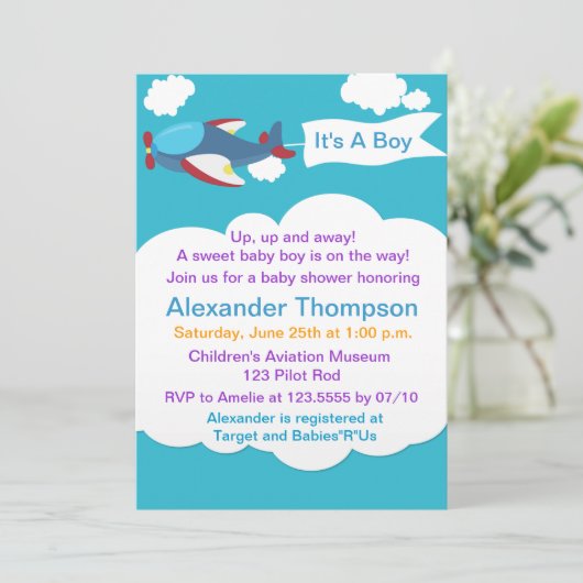 かわいい小さな飛行機の男の子の赤ちゃんシャワー招待状 招待状 (スタンド正面)