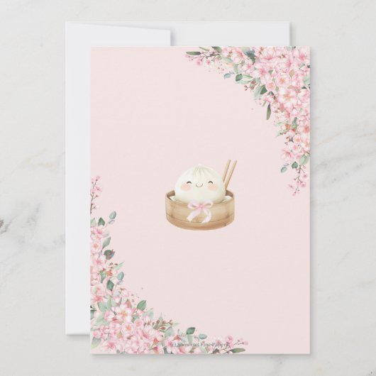 かわいい小さな餃子さくらんぼ花咲く1st誕生日 招待状 (裏面)