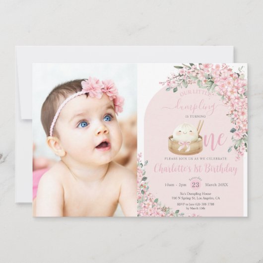 かわいい小さな餃子さくらんぼ花咲く1st誕生日 招待状 (正面)