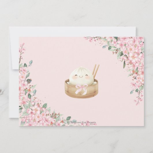 かわいい小さな餃子さくらんぼ花咲く1st誕生日 招待状 (裏面)