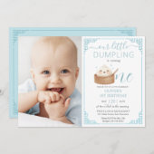 かわいい小さな餃子ブルー1st誕生日の写真 招待状 (正面/裏面)