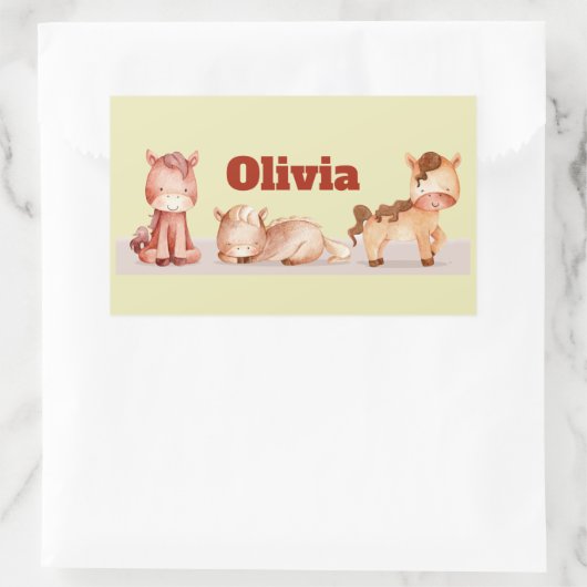 かわいい小さな馬の動物の名前をカスタムするパーソナル 長方形シール (バッグ)