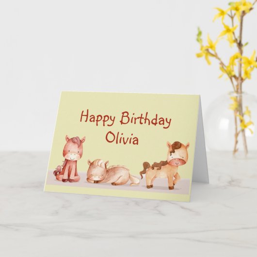 かわいい小さな馬の動物カスタム名パーソナル カード (黄色い花)