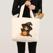 かわいい小さな魔女と猫 ラージトートバッグ (正面(商品))
