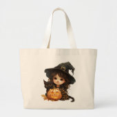 かわいい小さな魔女と猫 ラージトートバッグ (正面)